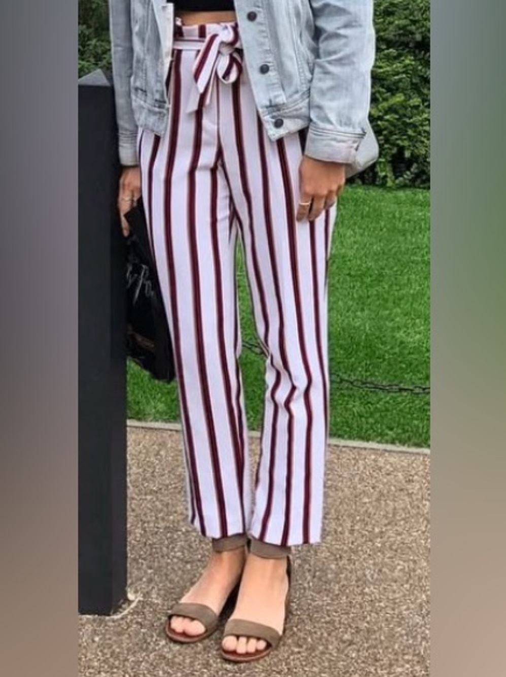 Miss Selfridge White Straight-Leg Pants with Burgundy Stripes